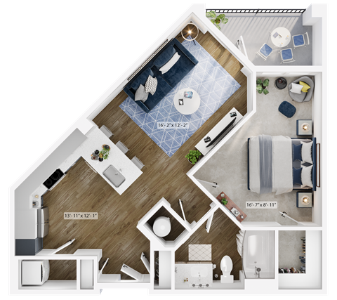 a stylized floor plan of a bedroom with a bathroom and a living room